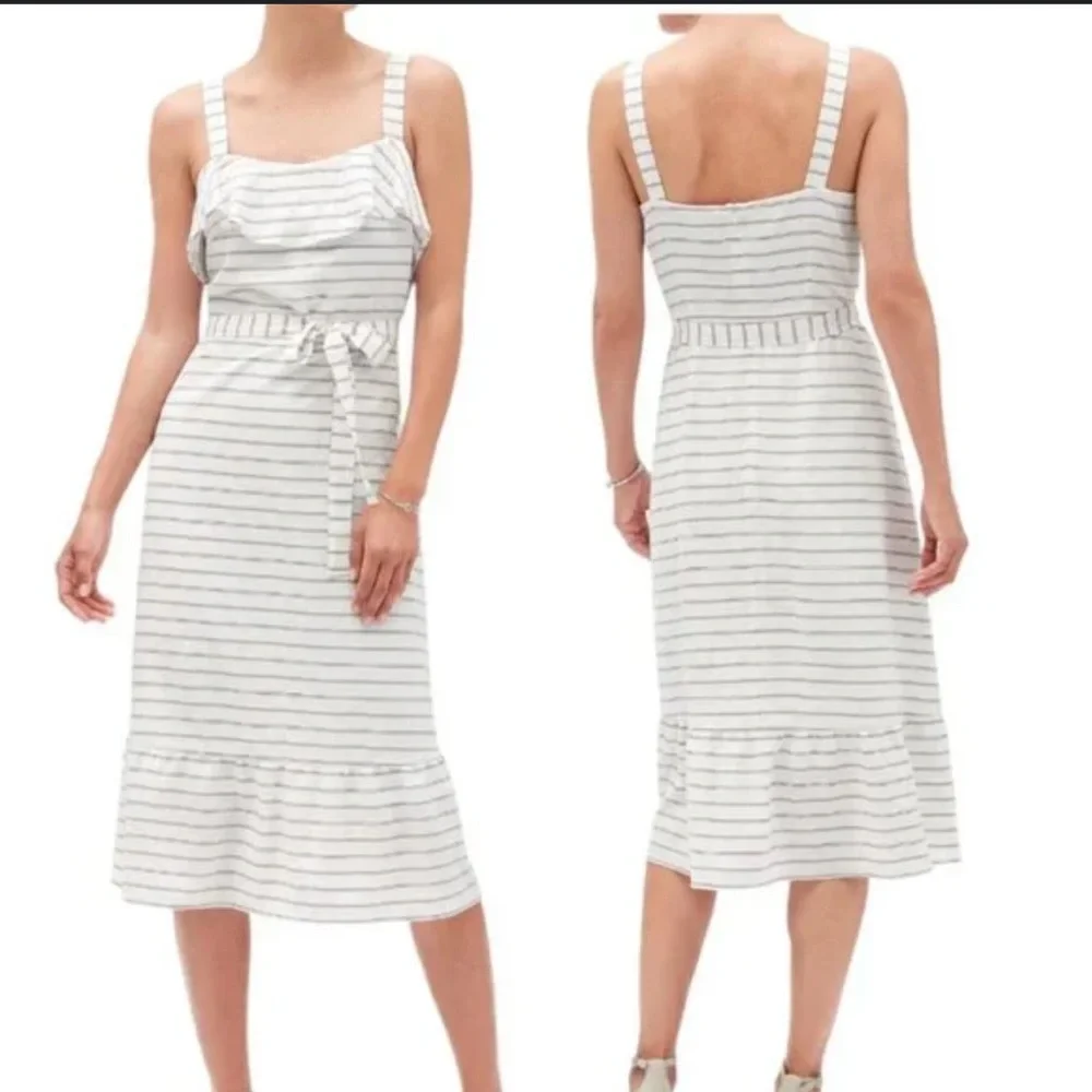 New Banana Republic Nautical Crepe Wide Strap Ruffled Belted Sun Dress Midi - Picture 3 of 10